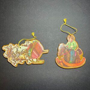 VTG Lot of 2 Die Cut Wood Santa Claus Sleigh & Rocking Horse Christmas Ornaments